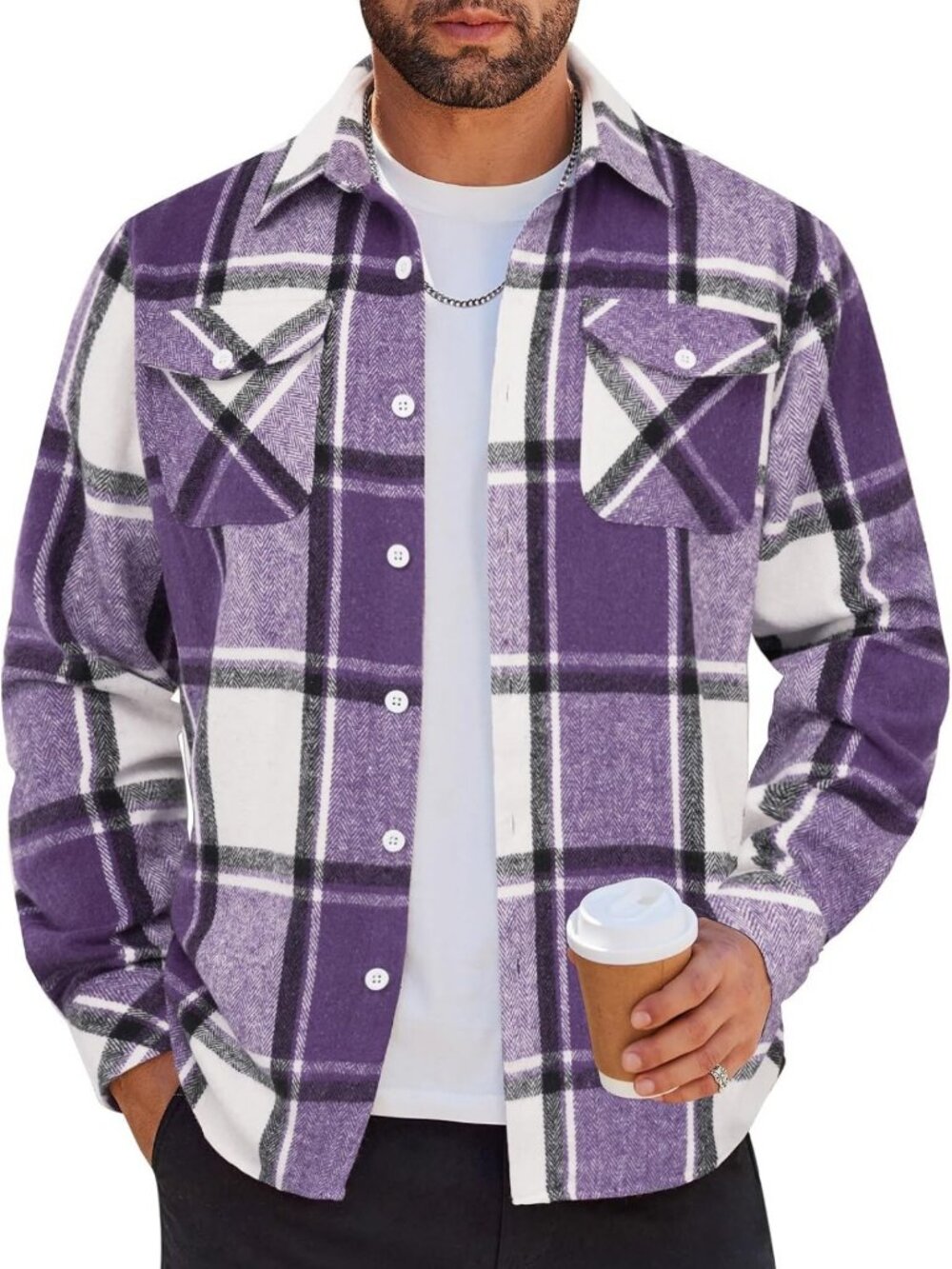 Casual Long Sleeve Flannel Shirt Jacket for Men | Plaid Button Down with Pockets